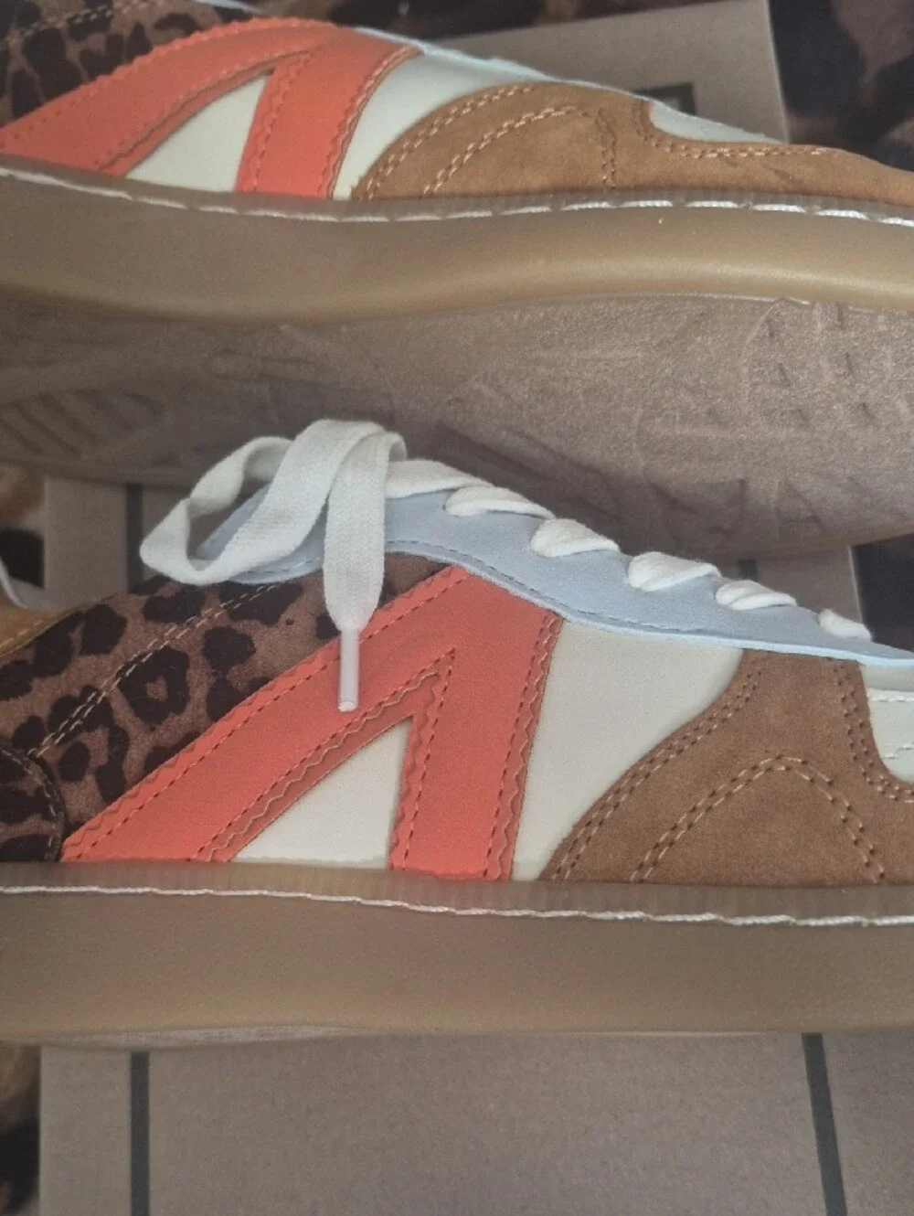 MIA White Tan Leopard Accent Sneakers with Orange Stripe